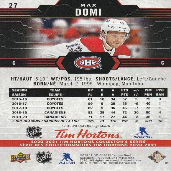 Max Domi - 2020/2021 Tim Hortons Collector's Series Card - Picture 3 of 3